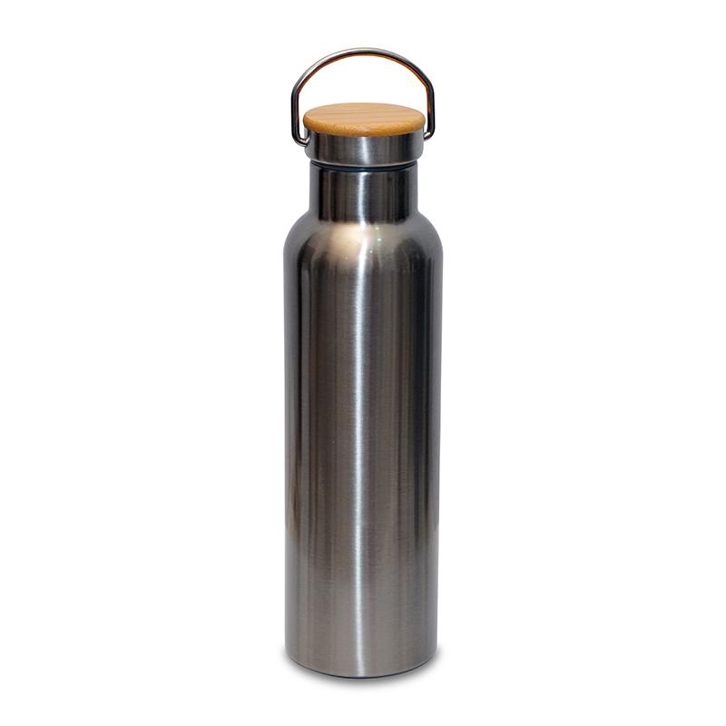 Double Walled Thermal Water Bottle With Bamboo Lid- silver